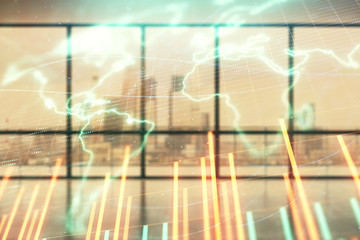 Obraz premium Double exposure of financial chart with world map on empty room interior background. International market concept.