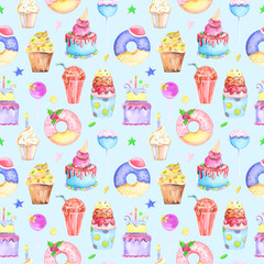 Illustration seamless pattern drawn by watercolor confectionery: cakes, muffins, macaroons on the background.