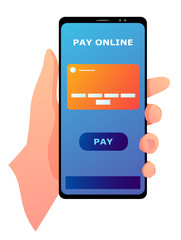 A vector illustration of a smartphone in a hand with credit card on a screen. Isolated illustration on a white background.