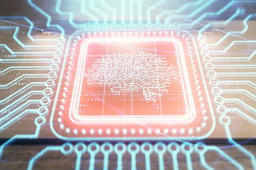 Double exposure of brain drawings hologram on empty room interior background. Data concept.