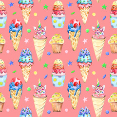 Illustration seamless pattern drawn by watercolor confectionery: cakes, muffins, macaroons on the background.