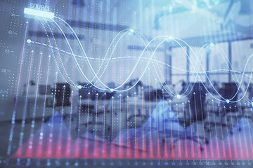 Stock and bond market graph with trading desk bank office interior on background. Multi exposure. Concept of financial analysis