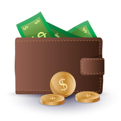 A vector illustration of a wallet or purse with money Bancknotes and coins. Illustration in a flat style with gradients on a white background with shadow.