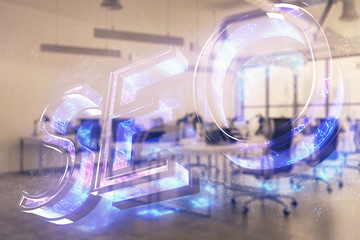 SEO icon hud with office interior on background. Double exposure. Concept of data search