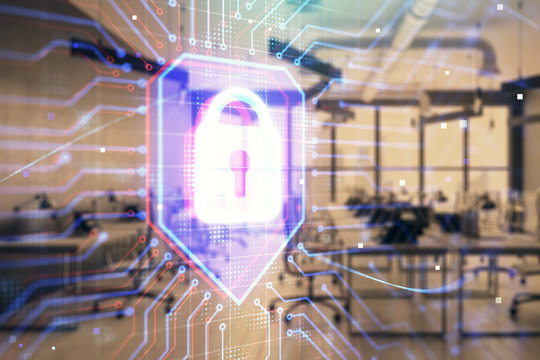 Lock icon drawing with office interior on background. Double exposure. Concept of data security - Powered by Adobe