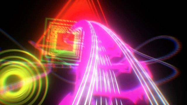 Riding on Roller-Coaster with Neon Lights Extremely Fast Seamless. Looped 3d Animation of Abstract Roller Coaster Attraction in Bright Glowing Colors Curvy Railway. 4k Ultra HD 3840x2160.