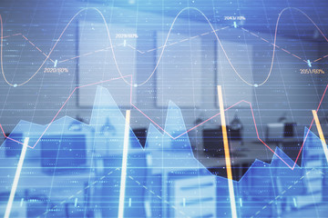Stock market chart with trading desk bank office interior on background. Double exposure. Concept of financial analysis