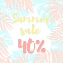 Obraz premium Colorfull palm leaves dypsis and monstera with records summer sale. Vector of sammer sale banner template with round frame and tropical plants. Summer sale banner design with discount label.