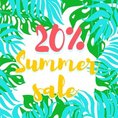 Colorfull palm leaves dypsis and monstera with records summer sale. Vector of sammer sale banner template with round frame and tropical plants. Summer sale banner design with discount label.