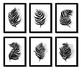 Set of black frames  with prints black palm leaves dypsis on white background. Beautiful and stylish composition. Abstract leaves  posters, printed greeting cards, t-shirt design.