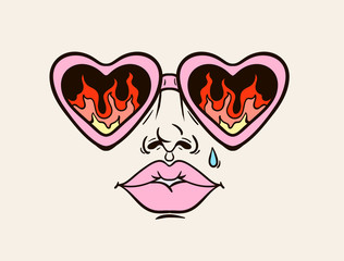 girl's face in sunglasses with reflection of fire, t-shirt print, tattoo