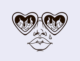 girl's face in sunglasses with reflection of fire, t-shirt print, tattoo