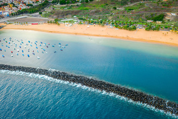 Fototapeta premium Aerial View of Famous Beach and Ocean Lagoon Playa de las Teresitas at Sunset Time, Tenerife, Canary Islands, Spain - Image