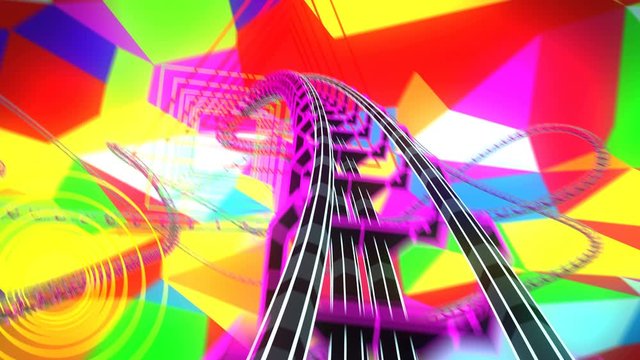 Moving Through the Abstract Space with Flashing Colored Facets on Roller-Coaster Extremely Fast Seamless. Looped 3d Animation of Psychedelic Riding. 4k Ultra HD 3840x2160.