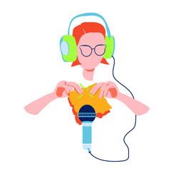 ASMR trend broadcasting. Blogger make video or audio webcast for social media. Pleasant sounds for goosebumps. Woman rustling paper at microphone to make whisper, rustling, tapping, quiet crunch