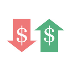 Increase and decrease dollar icon isolated on the white background