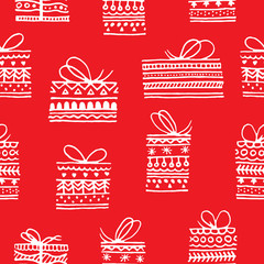Doodle gift box icon seamless pattern on red background. Christmas presents thin line doodle in cartoon style. Gift wrap. Gift package. Stationery. Hand drawn icons gifts with scandinavian patterns. 