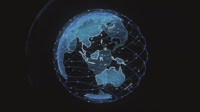 wireless internet data wifi connectivity by a global system of telecommunication satellites in 3D rendering concept animation on black background in 4K