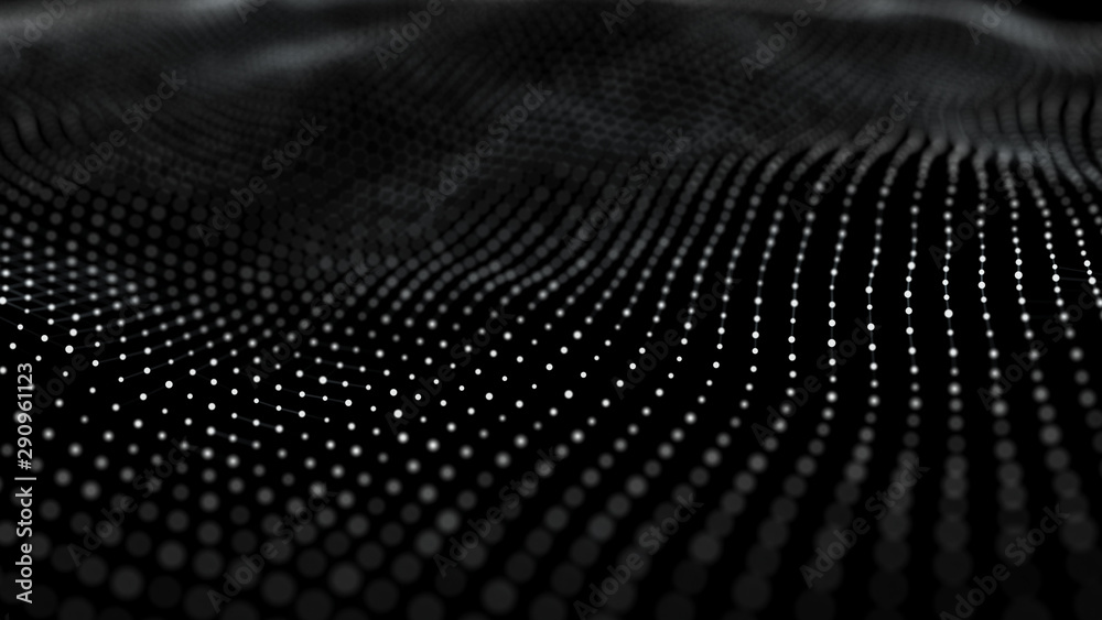 Fototapete Futuristic background of points and lines with a dynamic wave. Big data. Abstract background 3d rendering. 4k.