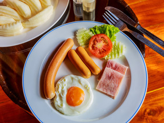 Breakfast served with coffee, and fruits. Balanced diet