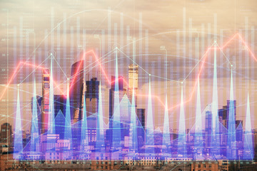 Double exposure of financial graph on downtown veiw background. Concept of stock market research and analysis