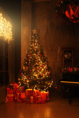 Evening christmas with christas tree and many gift box near piano