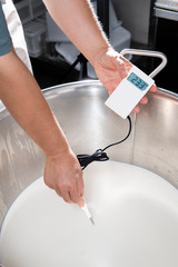 Cheesemaker measures the temperature of the milk with an electronic thermometer