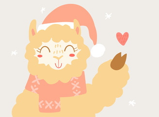 Flat scandinavian style cartoon cute character llama in cute scarf and Santa hat. Minimal vector illustration, merry Christmas card.