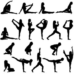 Set silhouette girl on yoga class in pose on a white background