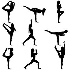 Set silhouette girl on yoga class in pose on a white background