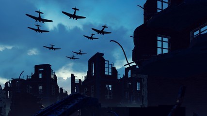 An Armada of military aircraft flies over the ruins of a ruined deserted city. 3D Rendering - obrazy, fototapety, plakaty
