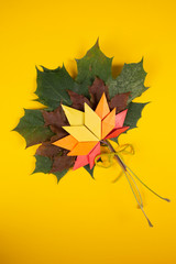 Fallen colored leaves autumn concept traditional paper craft art origami topshot on yellow background