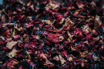 Dried flowers background. Rose, lavender and cornflower petals. Natural confetti.  