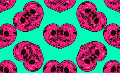 seamless pattern  heart with skulls - obrazy, fototapety, plakaty