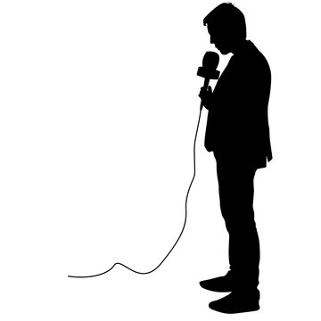 recommend clip art: Silhouette operator removes journalist with microphone on a white background