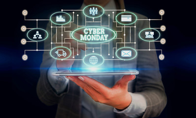 Conceptual hand writing showing Cyber Monday. Concept meaning Marketing term for Monday after thanksgiving holiday in the US Woman wear work suit presenting presentation smart device