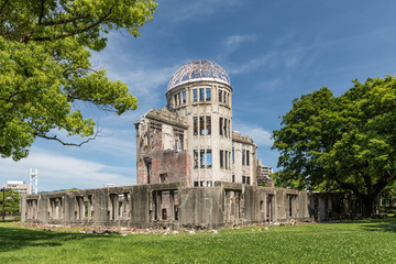 The remains of a building hit by the blast of Hiroshima's atomic bomb, in a summer sunny day