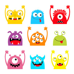 Obraz premium Monster colorful silhouette head face icon set. Eyes, tongue, tooth fang, hands up. Cute cartoon kawaii scary funny baby character. Happy Halloween. White background. Flat design.
