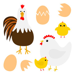 Hen Rooster cock Chicken broken cracked egg bird icon set. Happy Easter. Cute cartoon funny kawaii baby chick character. Flat design. Greeting card. Yellow color. White background. Isolated.