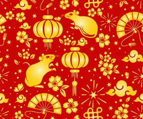 Chinese New year 2020 year Rat, red and gold paper cut rat character, flower and Asian elements with craft style on background,pattern is suitable for fabric and textile