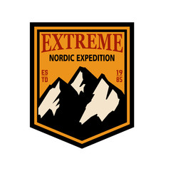Mountain camp emblem template. Design element for poster, logo, label, sign, badge.
