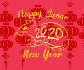 Chinese New year 2020 year Rat, red and gold paper cut rat character, flower and Asian elements with craft style on background, Christmas taming for Asian new year, greeting card