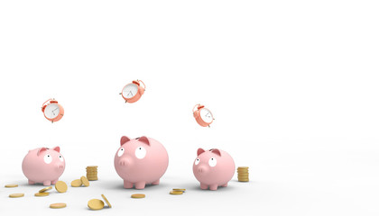 Piggy Pink triple bank Savings money Groups Modern Art and watch red in Concept Savings Time isolated on white background - 3d rendering