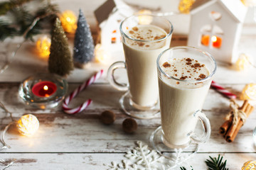 Fresh eggnog with cinnamon and nutmeg for christmas holiday.