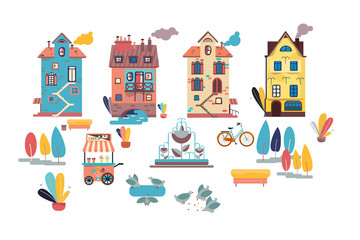 Old European houses. Victorian style. Square with a fountain. Trees and pigeons