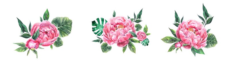 Set of watercolor compositions with peonie and leaves