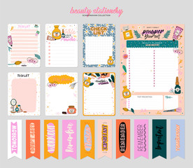 Collection of weekly or daily planner, note paper, to do list, stickers templates decorated by cute beauty cosmetic illustrations and trendy lettering. Trendy scheduler or organizer. Flat vector