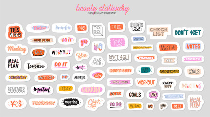 Collection of weekly or daily planner, note paper, to do list, stickers templates decorated by cute beauty cosmetic illustrations and trendy lettering. Trendy scheduler or organizer. Flat vector