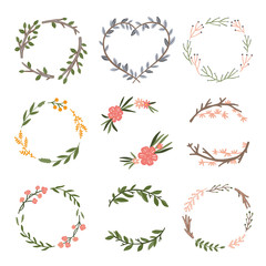 Botanical vector wreaths on white background. Elegant graphic set for beautiful design. Plants and flowers elements