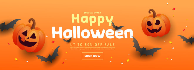 2025 Happy Halloween greeting sale banner with bats, pumpkins, on an orange background. Can be used for banner, poster, voucher, offer, coupon, holiday sale.